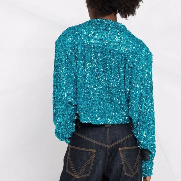 NWT ROTATE Birger Christensen Aurelia Sequin-embellished Wrap Top Blouse size 4 - Picture 8 of 16